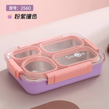 High quality Four grids Stainless steel sealed lunch box with bowl student office portable bento box with spoon chopsticks