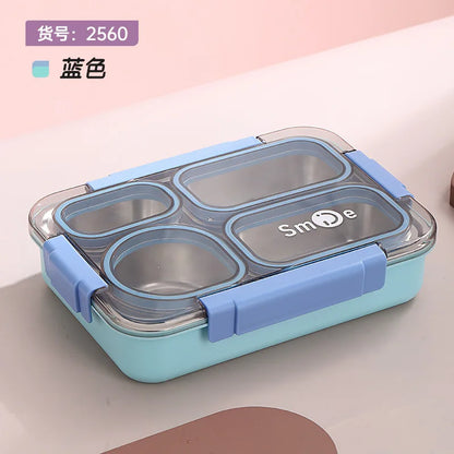 High quality Four grids Stainless steel sealed lunch box with bowl student office portable bento box with spoon chopsticks