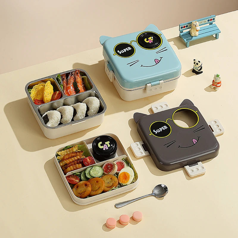 Cartoon Cat Design 3 Compartment Kids Bento Lunch Box Stainless Steel 1120+70ml