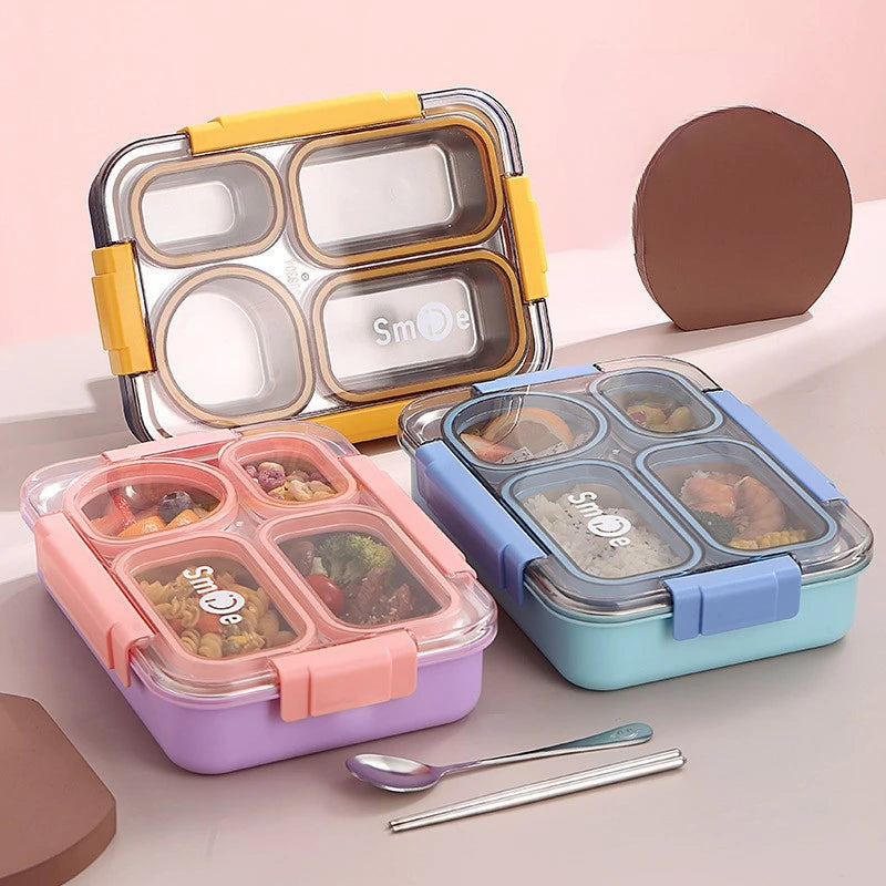 High quality Four grids Stainless steel sealed lunch box with bowl student office portable bento box with spoon chopsticks