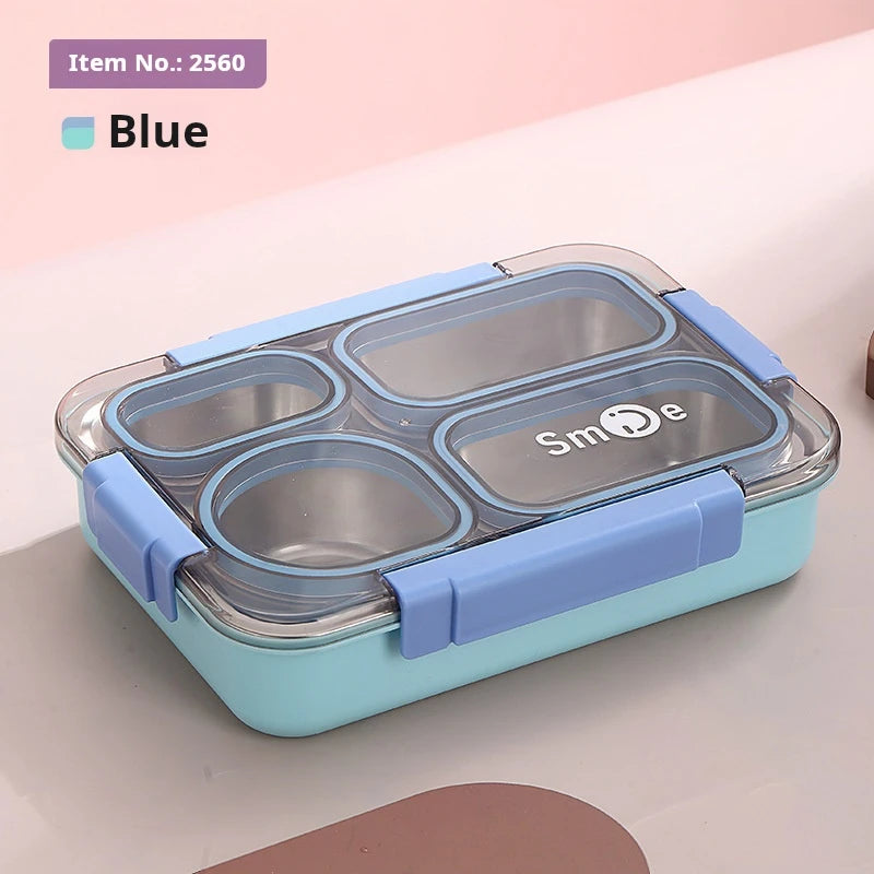 High quality Four grids Stainless steel sealed lunch box with bowl student office portable bento box with spoon chopsticks