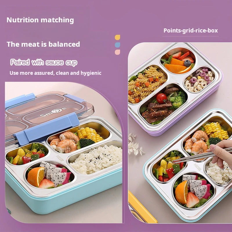 High quality Four grids Stainless steel sealed lunch box with bowl student office portable bento box with spoon chopsticks