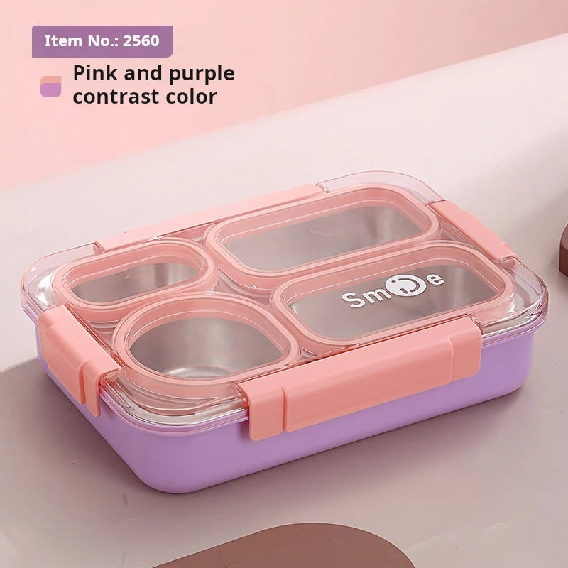 High quality Four grids Stainless steel sealed lunch box with bowl student office portable bento box with spoon chopsticks