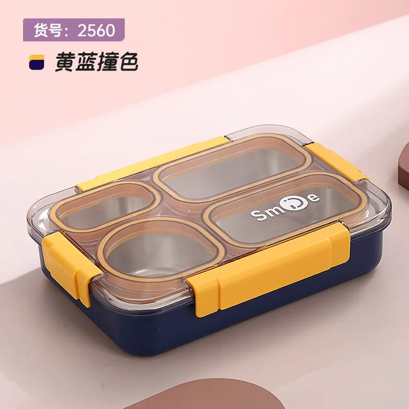 High quality Four grids Stainless steel sealed lunch box with bowl student office portable bento box with spoon chopsticks