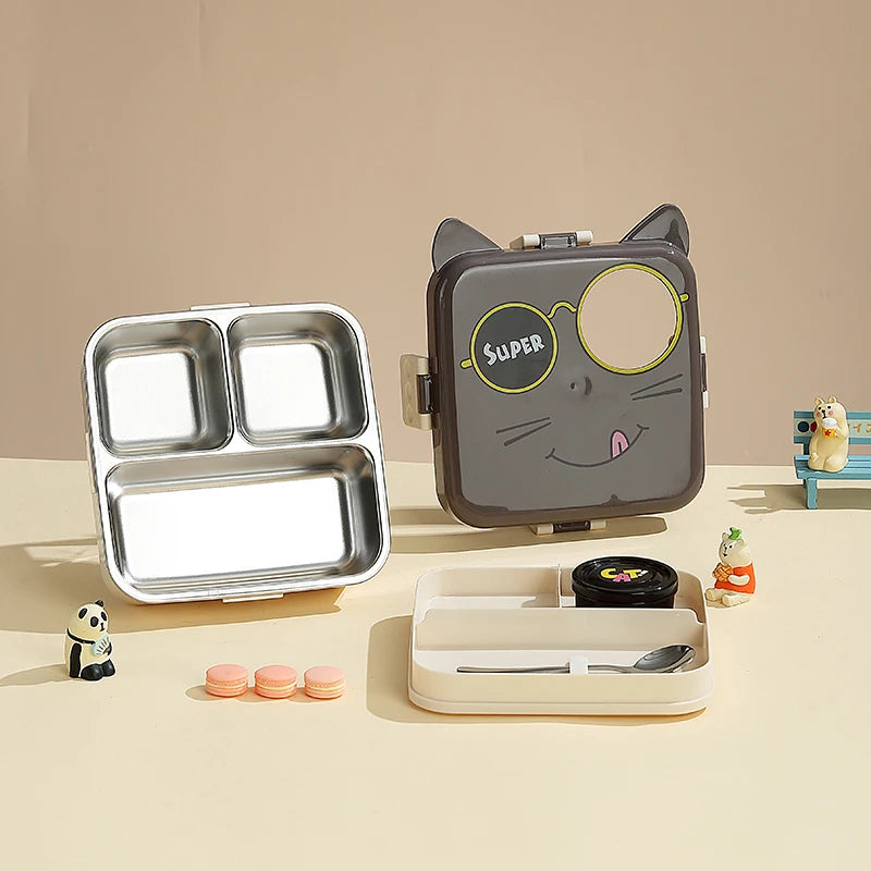 Cartoon Cat Design 3 Compartment Kids Bento Lunch Box Stainless Steel 1120+70ml